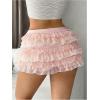 imageOYOANGLE Womens Lace Trim Ruffle Shorts Cute Elastic Low Waist Pumpkin Pants Bow Layered Y2K PettipantsPink