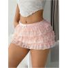 imageOYOANGLE Womens Lace Trim Ruffle Shorts Cute Elastic Low Waist Pumpkin Pants Bow Layered Y2K PettipantsPink