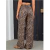 imageOYOANGLE Womens Leopard Print Elastic High Waist Long Pants Cheetah Printed Wide Leg Loose Trousers with PocketsKhaki