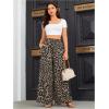 imageOYOANGLE Womens Leopard Print Elastic High Waist Wide Leg Pants Tie Front Pockets Loose Casual TrousersBrown Black