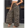 imageOYOANGLE Womens Leopard Print Elastic High Waist Wide Leg Pants Tie Front Pockets Loose Casual TrousersBrown Black