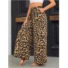 imageOYOANGLE Womens Leopard Print Elastic High Waist Wide Leg Pants Tie Front Pockets Loose Casual TrousersKhaki
