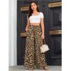 imageOYOANGLE Womens Leopard Print Elastic High Waist Wide Leg Pants Tie Front Pockets Loose Casual TrousersKhaki