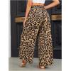 imageOYOANGLE Womens Leopard Print Elastic High Waist Wide Leg Pants Tie Front Pockets Loose Casual TrousersKhaki