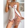 imageOYOANGLE Womens Mesh Floral Embroidered Nightgowns V Neck Spaghetti Strap Mini Nightdress SleepwearWhite and Red