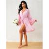 imageOYOANGLE Womens Mesh Sheer Appliques Trumpet Floral Sleeve Belted Sleep Robe Bridal Wedding LingeriePink