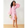 imageOYOANGLE Womens Mesh Sheer Appliques Trumpet Floral Sleeve Belted Sleep Robe Bridal Wedding LingeriePink