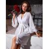imageOYOANGLE Womens Mesh Sheer Appliques Trumpet Floral Sleeve Belted Sleep Robe Bridal Wedding LingerieWhite Floral Sleeve