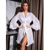 imageOYOANGLE Womens Mesh Sheer Appliques Trumpet Floral Sleeve Belted Sleep Robe Bridal Wedding LingerieWhite Floral Sleeve