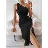 imageOYOANGLE Womens One Shoulder Sleeveless Dress Twist Cut Out Split Thigh Midi DressesBlack