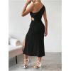 imageOYOANGLE Womens One Shoulder Sleeveless Dress Twist Cut Out Split Thigh Midi DressesBlack