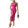 imageOYOANGLE Womens One Shoulder Sleeveless Dress Twist Cut Out Split Thigh Midi DressesHot Pink