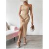 imageOYOANGLE Womens One Shoulder Sleeveless Dress Twist Cut Out Split Thigh Midi DressesKhaki
