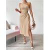 imageOYOANGLE Womens One Shoulder Sleeveless Dress Twist Cut Out Split Thigh Midi DressesKhaki