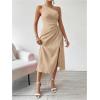 imageOYOANGLE Womens One Shoulder Sleeveless Dress Twist Cut Out Split Thigh Midi DressesKhaki