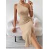 imageOYOANGLE Womens One Shoulder Sleeveless Dress Twist Cut Out Split Thigh Midi DressesKhaki