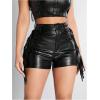 imageOYOANGLE Womens PU Leather Elastic High Waist Fringe Shorts Party Skinny Straight Leg ShortsBlack