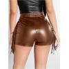 imageOYOANGLE Womens PU Leather Elastic High Waist Fringe Shorts Party Skinny Straight Leg ShortsBrown