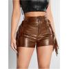 imageOYOANGLE Womens PU Leather Elastic High Waist Fringe Shorts Party Skinny Straight Leg ShortsBrown