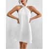 imageOYOANGLE Womens Pearl Decor Halter Neck Sleeveless Dress Tie Back Solid Elegant Short DressesWhite