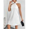 imageOYOANGLE Womens Pearl Decor Halter Neck Sleeveless Dress Tie Back Solid Elegant Short DressesWhite