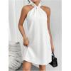 imageOYOANGLE Womens Pearl Decor Halter Neck Sleeveless Dress Tie Back Solid Elegant Short DressesWhite