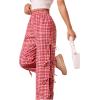 imageOYOANGLE Womens Plaid Print Tie Side Casual Pants High Elastic Waist Straight Leg TrousersRed and White