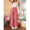 imageOYOANGLE Womens Plaid Print Tie Side Casual Pants High Elastic Waist Straight Leg TrousersRed and White