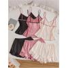 imageOYOANGLE Womens Plus Size 6 Pieces Satin Pajama Set V Neck Cami Top and Bow Shorts Pjs Summer SleepwearBlack Beige Pink