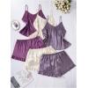 imageOYOANGLE Womens Plus Size 6 Pieces Silk Satin Pajama Sets Cami Top and Ruffle Shorts Pjs V Neck SleepwearPurple and Beige
