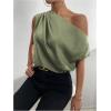 imageOYOANGLE Womens Satin Off The Shoulder Short Sleeve Asymmetrical Neck Ruched Work Office Blouse TopArmy Green
