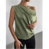 imageOYOANGLE Womens Satin Off The Shoulder Short Sleeve Asymmetrical Neck Ruched Work Office Blouse TopArmy Green