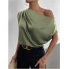 imageOYOANGLE Womens Satin Off The Shoulder Short Sleeve Asymmetrical Neck Ruched Work Office Blouse TopArmy Green