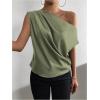 imageOYOANGLE Womens Satin Off The Shoulder Short Sleeve Asymmetrical Neck Ruched Work Office Blouse TopArmy Green