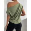imageOYOANGLE Womens Satin Off The Shoulder Short Sleeve Asymmetrical Neck Ruched Work Office Blouse TopArmy Green