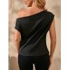 imageOYOANGLE Womens Satin Off The Shoulder Short Sleeve Asymmetrical Neck Ruched Work Office Blouse TopBlack