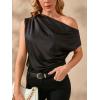 imageOYOANGLE Womens Satin Off The Shoulder Short Sleeve Asymmetrical Neck Ruched Work Office Blouse TopBlack
