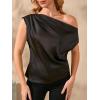 imageOYOANGLE Womens Satin Off The Shoulder Short Sleeve Asymmetrical Neck Ruched Work Office Blouse TopBlack