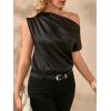 imageOYOANGLE Womens Satin Off The Shoulder Short Sleeve Asymmetrical Neck Ruched Work Office Blouse TopBlack