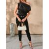 imageOYOANGLE Womens Satin Off The Shoulder Short Sleeve Asymmetrical Neck Ruched Work Office Blouse TopBlack