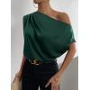 imageOYOANGLE Womens Satin Off The Shoulder Short Sleeve Asymmetrical Neck Ruched Work Office Blouse TopDark Green