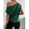 imageOYOANGLE Womens Satin Off The Shoulder Short Sleeve Asymmetrical Neck Ruched Work Office Blouse TopDark Green