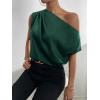 imageOYOANGLE Womens Satin Off The Shoulder Short Sleeve Asymmetrical Neck Ruched Work Office Blouse TopDark Green