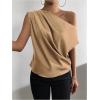imageOYOANGLE Womens Satin Off The Shoulder Short Sleeve Asymmetrical Neck Ruched Work Office Blouse TopDark Khaki