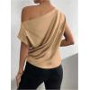 imageOYOANGLE Womens Satin Off The Shoulder Short Sleeve Asymmetrical Neck Ruched Work Office Blouse TopDark Khaki
