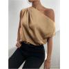 imageOYOANGLE Womens Satin Off The Shoulder Short Sleeve Asymmetrical Neck Ruched Work Office Blouse TopDark Khaki