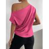 imageOYOANGLE Womens Satin Off The Shoulder Short Sleeve Asymmetrical Neck Ruched Work Office Blouse TopHot Pink