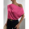 imageOYOANGLE Womens Satin Off The Shoulder Short Sleeve Asymmetrical Neck Ruched Work Office Blouse TopHot Pink