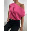 imageOYOANGLE Womens Satin Off The Shoulder Short Sleeve Asymmetrical Neck Ruched Work Office Blouse TopHot Pink