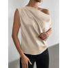 imageOYOANGLE Womens Satin Off The Shoulder Short Sleeve Asymmetrical Neck Ruched Work Office Blouse TopKhaki